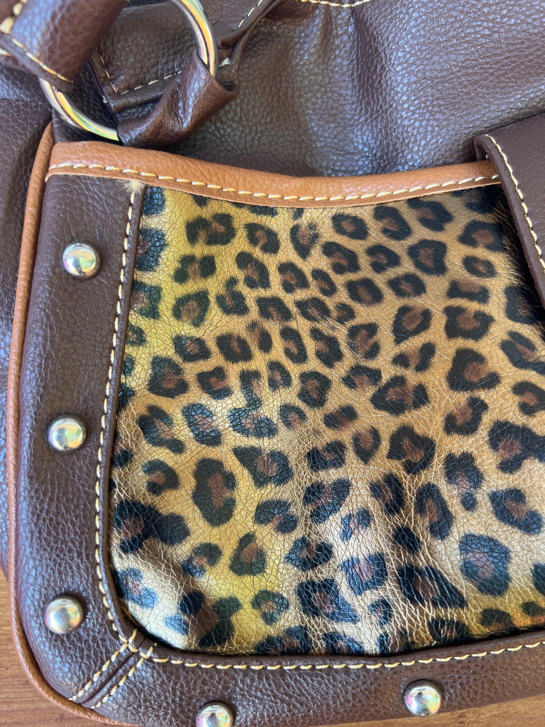 Leopard Print and Brown Fixed Strap Shoulder Bag