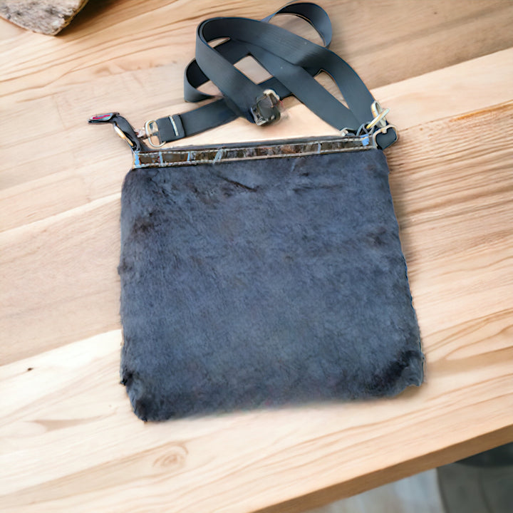 Black Furry Cross Body Bag with Adjustable Shoulder Strap