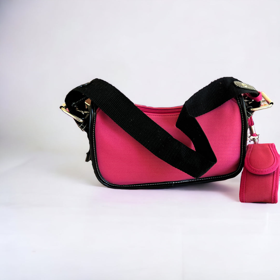 Pink Nylon Double Front Pocket Shoulder Bag, fixed strap, Bonus Lipstick Pouch!