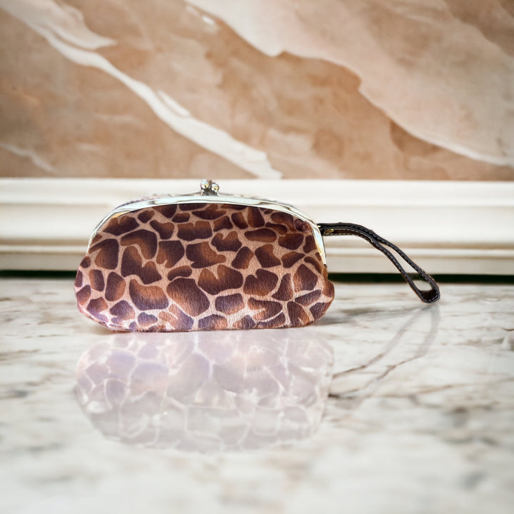 Fuzzy Giraffe Print Wristlet with Ball Clasp and Removable Shoulder Chain