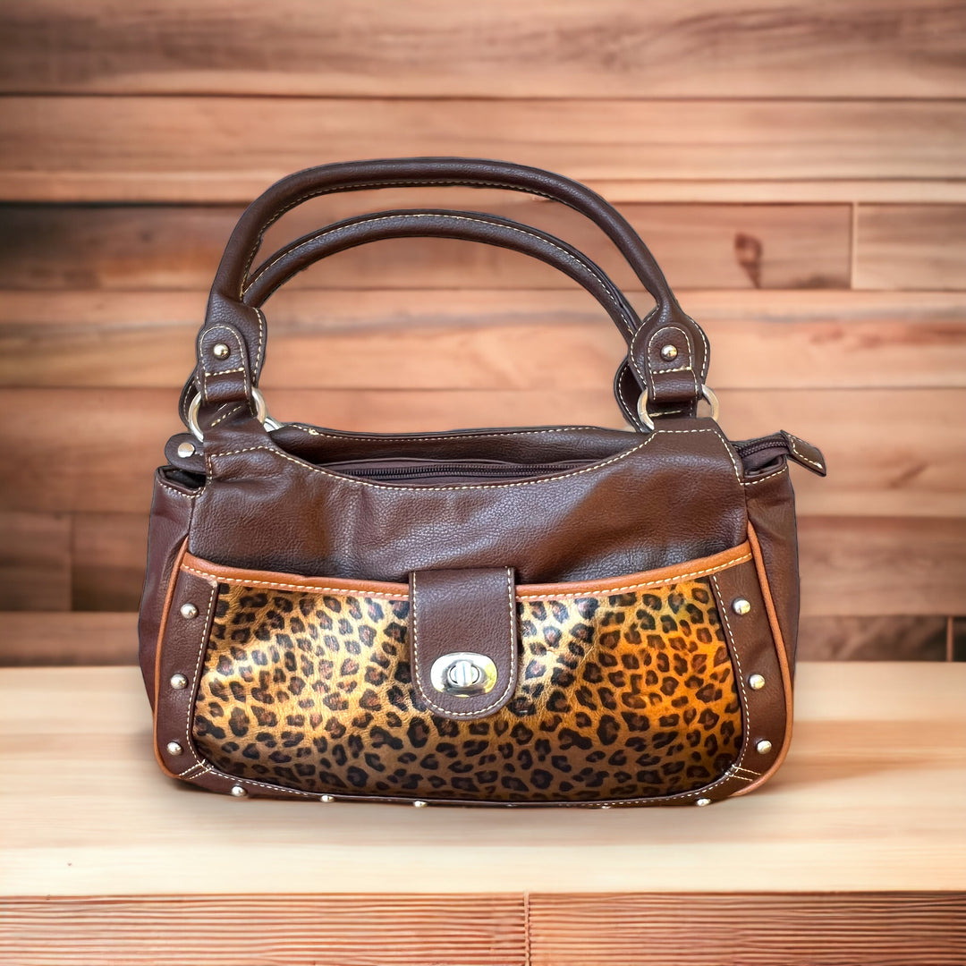 Leopard Print and Brown Fixed Strap Shoulder Bag