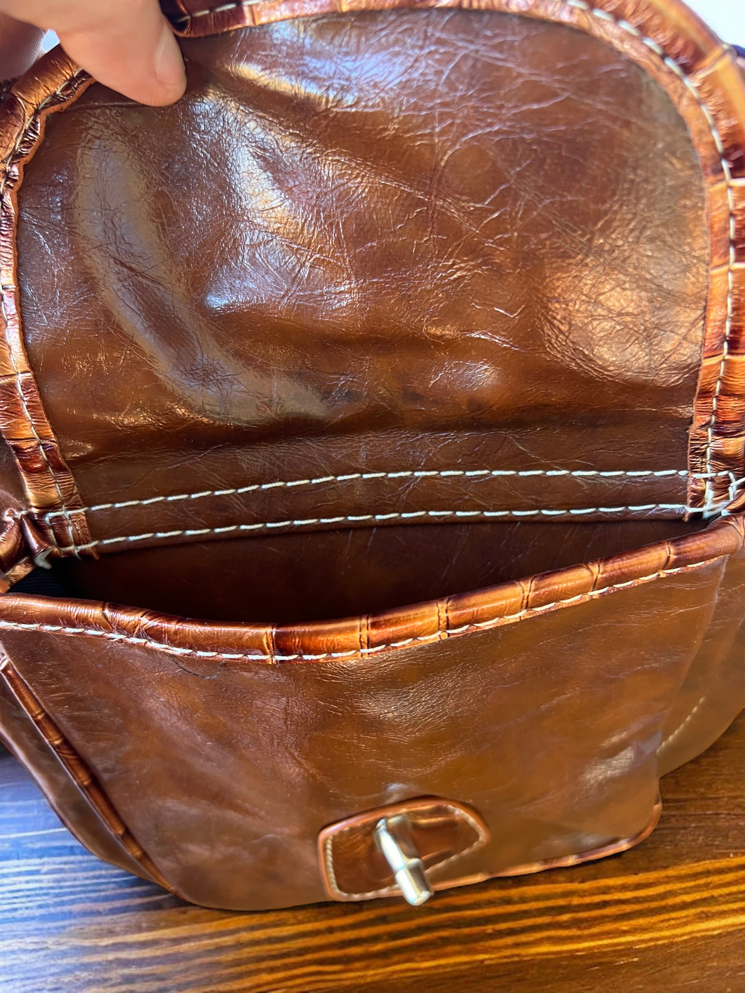 Brown Faux Leather Crocodile Trim Cross Body Bag with Dark Brown Adjustable Shoulder Strap