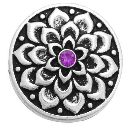 Purple Amethyst Rhinestone Antique Silver Metal Floral Design 20MM Snap