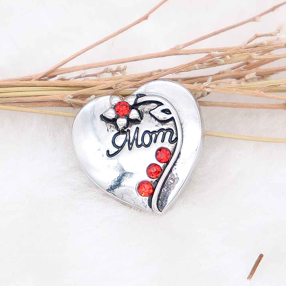 20MM Floral Mom Heart Snap With Red Rhinestones - Snap