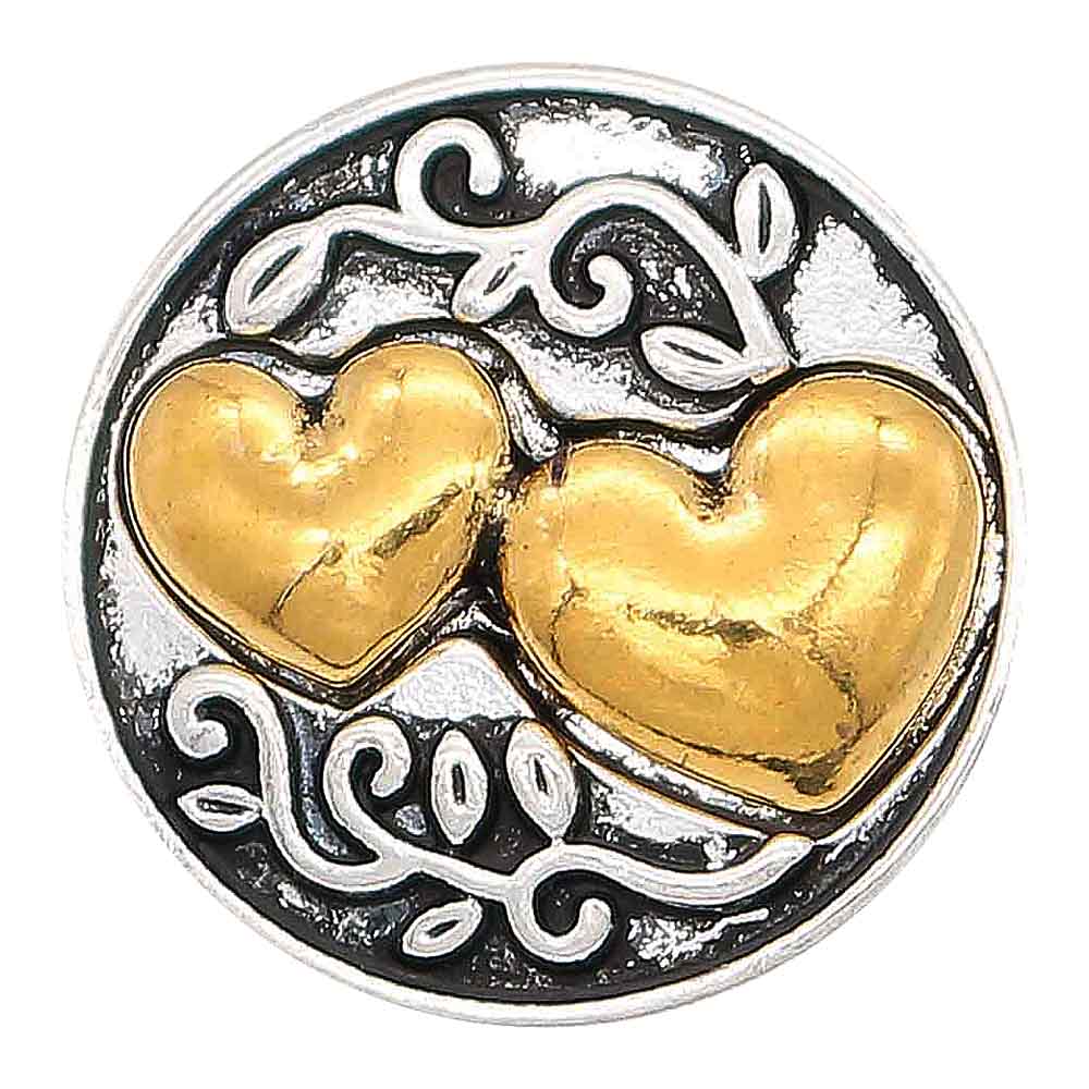 20MM Gold Plated Double Hearts on Antique Silver Plated Snap