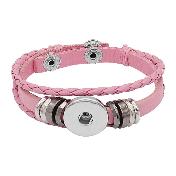 8.5 Leather Braids & Beads Snap Bracelet - Pink - Snap
