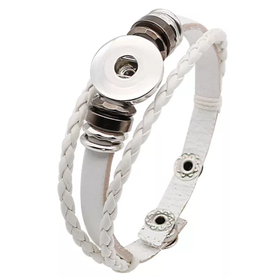 8.5 Leather Braids & Beads Snap Bracelet - White - Snap