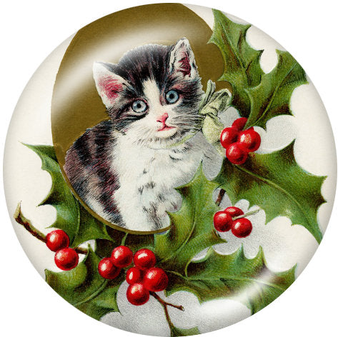 Handmade 20MM Vintage Winter Christmas Kitten with Holly