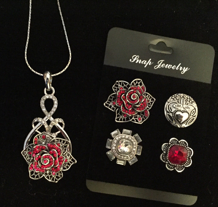 Rose Snap Necklace Set w/4 snaps & 16 Stainless Steel Chain