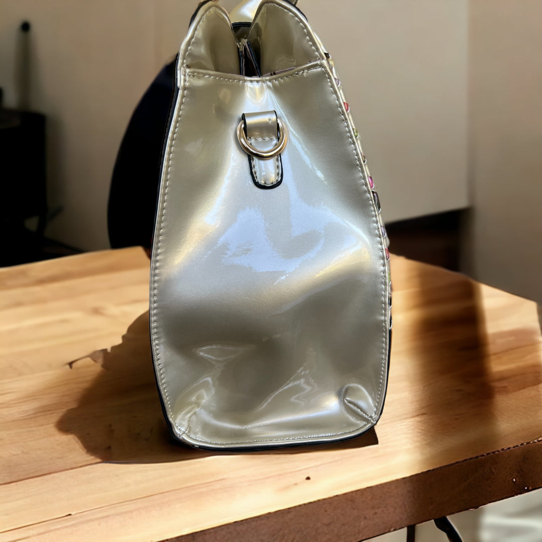 Stone Beige Metallic Handbag with Colorful Basketweave Design, Gold Hardware, Interior Compartments, Bonus Shoulder Strap! Easy to Clean Wipe Clean