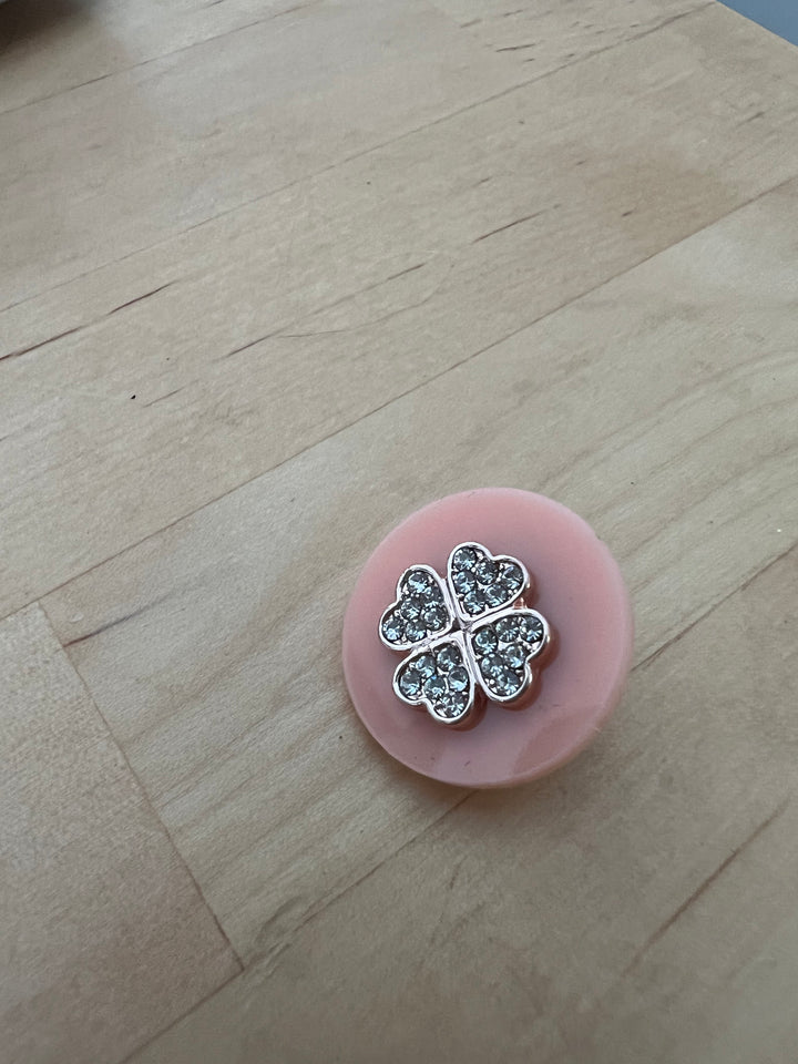 Crystal and Rose Gold Four Leaf Clover on Pink Acrylic Disk 20MM Snap Jewelry Charm