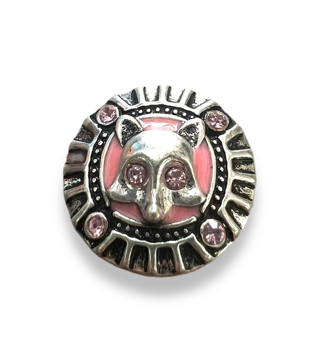 Pink Enamel and Rhinestone Antique Silver Plated Fox 20MM Snap Jewelry Charm