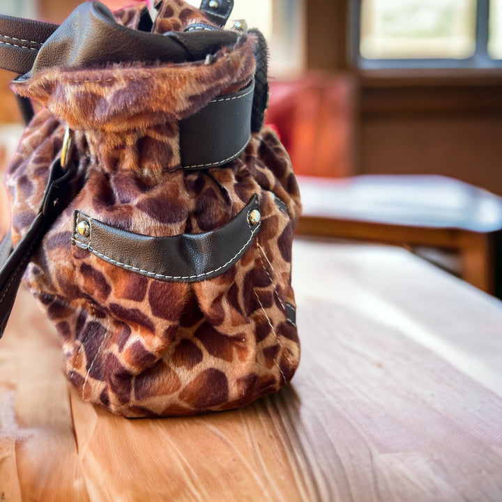 Fuzzy Giraffe Faux Fur with Studded Black Faux Leather Trim Fixed Strap Satchel Handbag