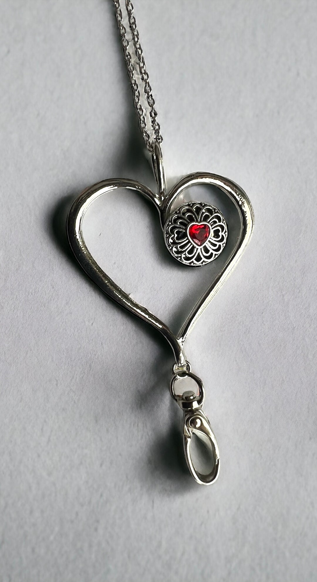 Valentine Special! Silver Heart Snap Jewelry Charm Pendant Necklace with Clip for ID Badge + Bonus Red Heart Snap