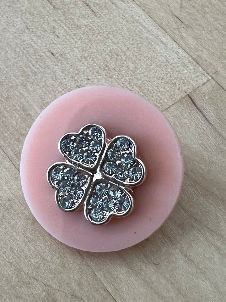 Crystal and Rose Gold Four Leaf Clover on Pink Acrylic Disk 20MM Snap Jewelry Charm