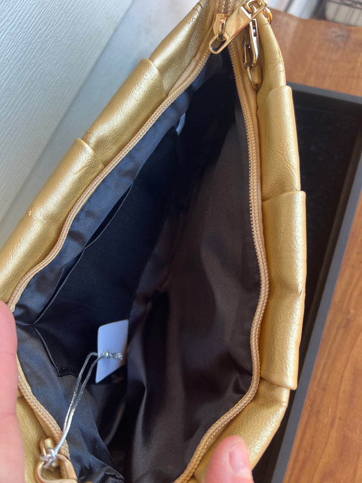 Metallic Matte Pleated Formal Handbag with Chain Shoulder Strap