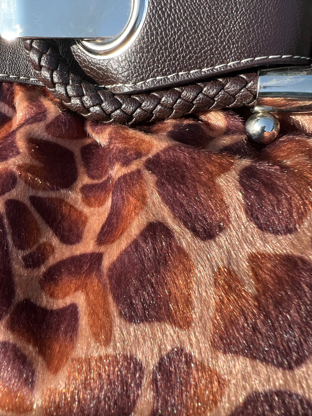 Fuzzy Giraffe Faux Fur with Studded Black Faux Leather Trim Fixed Strap Satchel Handbag