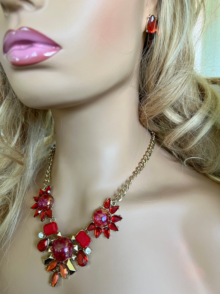 Shades of Apple Red and Burnt Orange Rhinestone and Acrylic Gold Statement Necklace Set with Stud Earrings