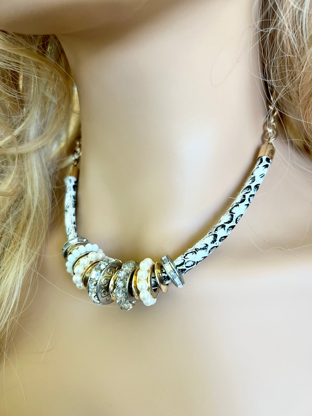 Handmade Beaded Black and White Animal Print Tube Statement Necklace with Gold Accents