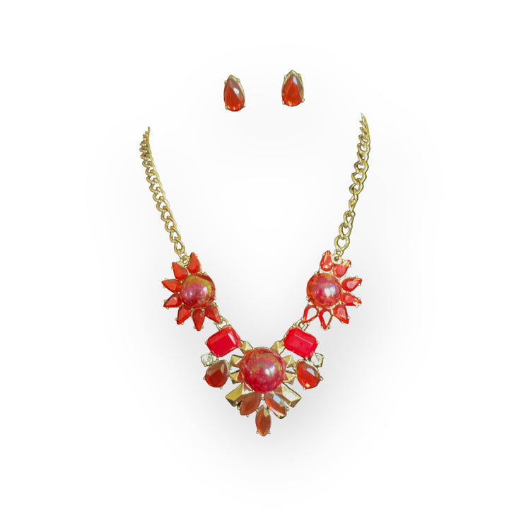 Shades of Apple Red and Burnt Orange Rhinestone and Acrylic Gold Statement Necklace Set with Stud Earrings