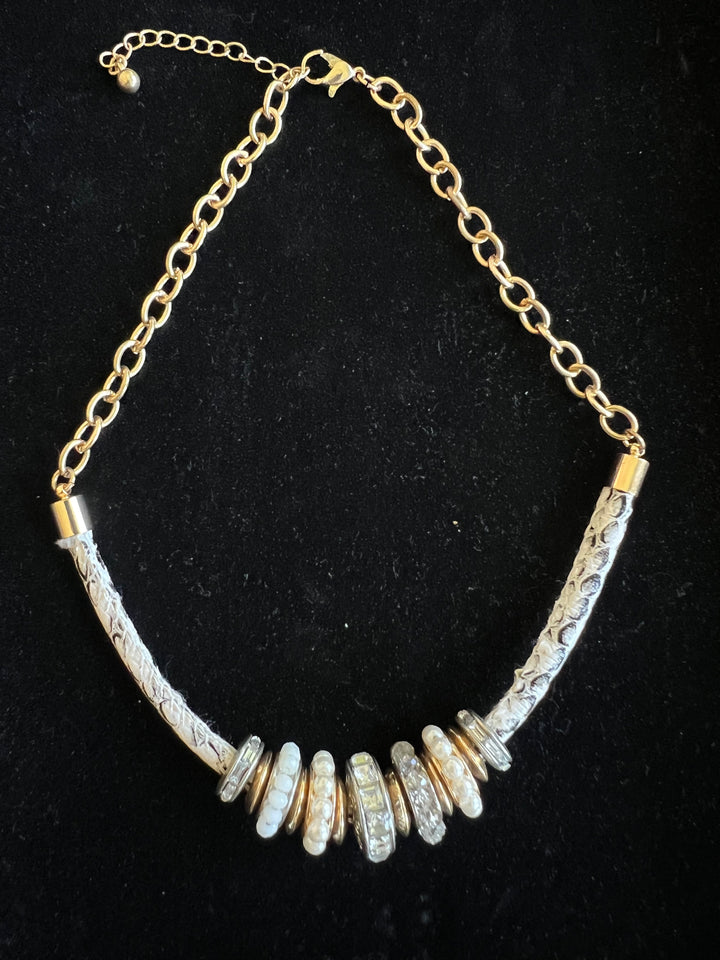 Handmade Beaded Black and White Animal Print Tube Statement Necklace with Gold Accents