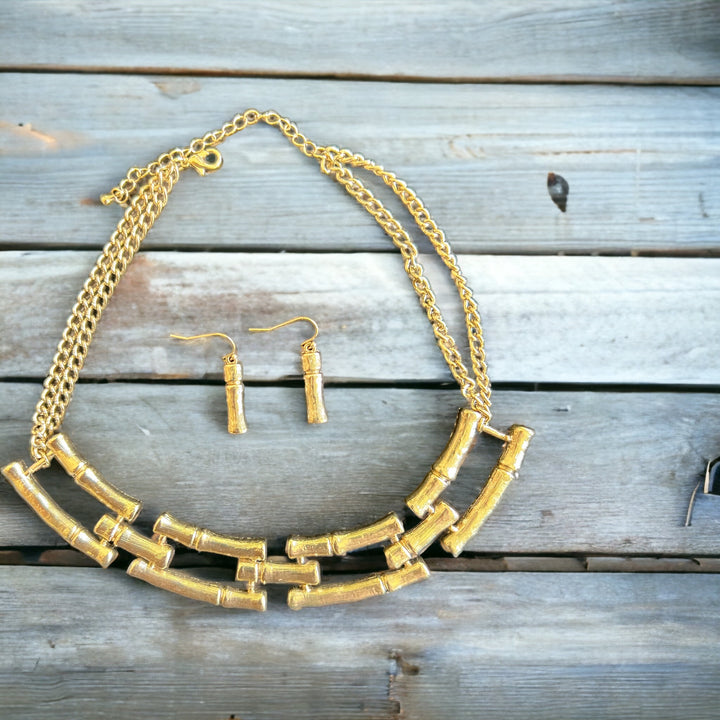 Champagne Gold Bamboo Double Chain Necklace Set with Dangle Gold Bamboo Earrings