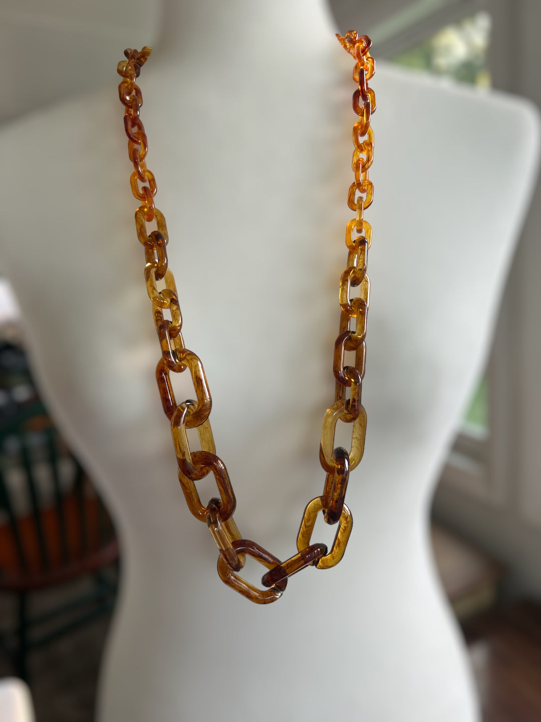 36” Long Single Strand Acrylic Amber-look Chain Link Necklace Set with Extender Chain and Matching Link Dangle Earrings