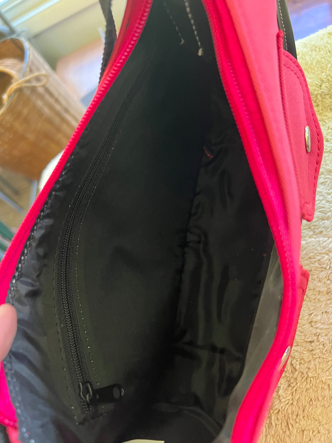 Pink Nylon Double Front Pocket Shoulder Bag, fixed strap, Bonus Chapstick Lipstick Pouch!