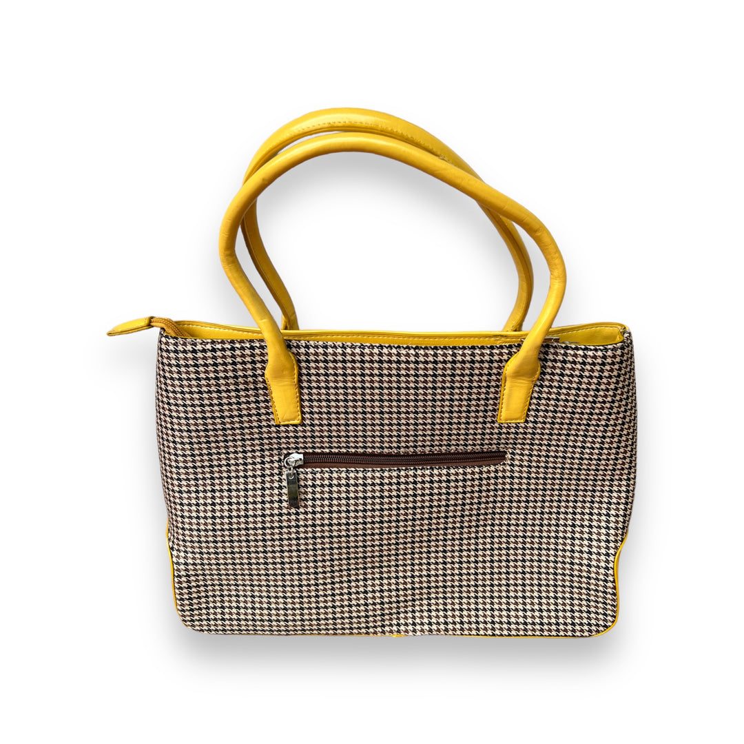 Shades of Brown Houndstooth Tote Shoulder Bag with Yellow Trim