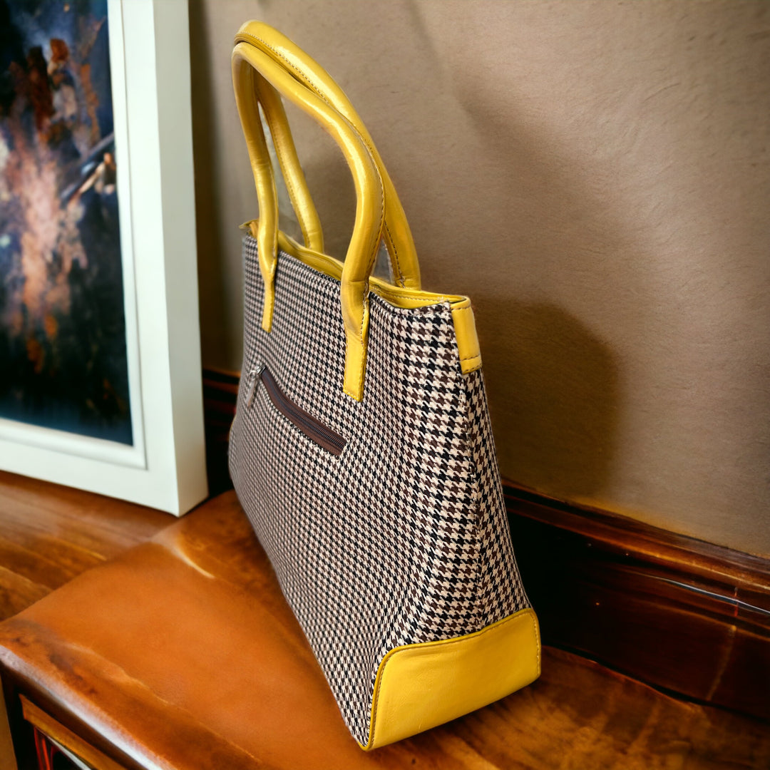 Shades of Brown Houndstooth Tote Shoulder Bag with Yellow Trim