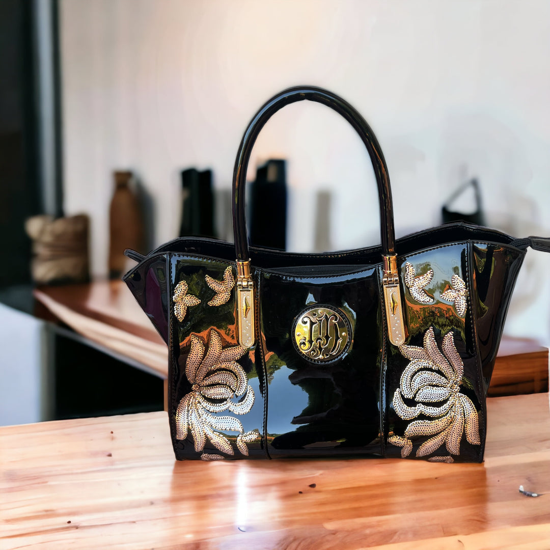 Glossy Black Faux Patent Leather Top Handle Tote Bag with Champagne Gold Metallic Floral Appliqué Shoulder Bag Satchel