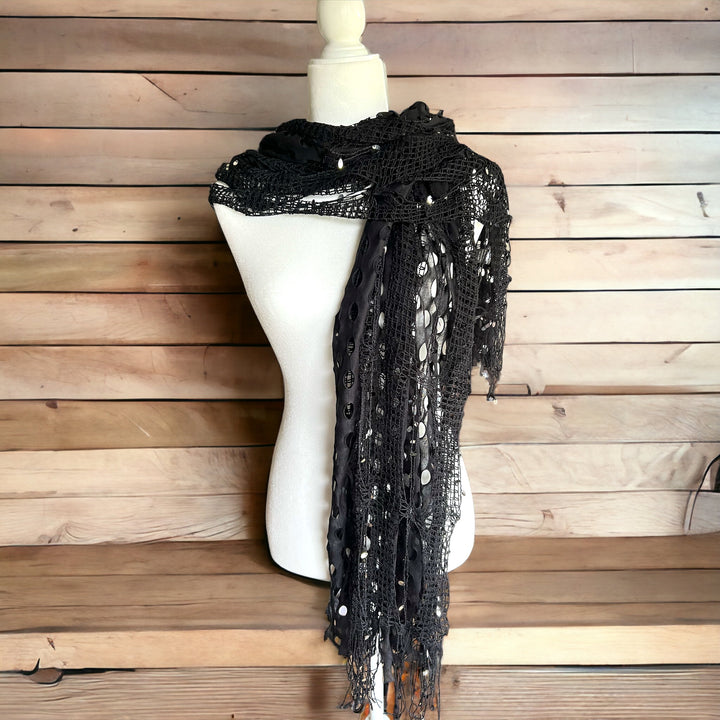 Black Macrame Style Fishnet Double Layer Scarf with Sequins