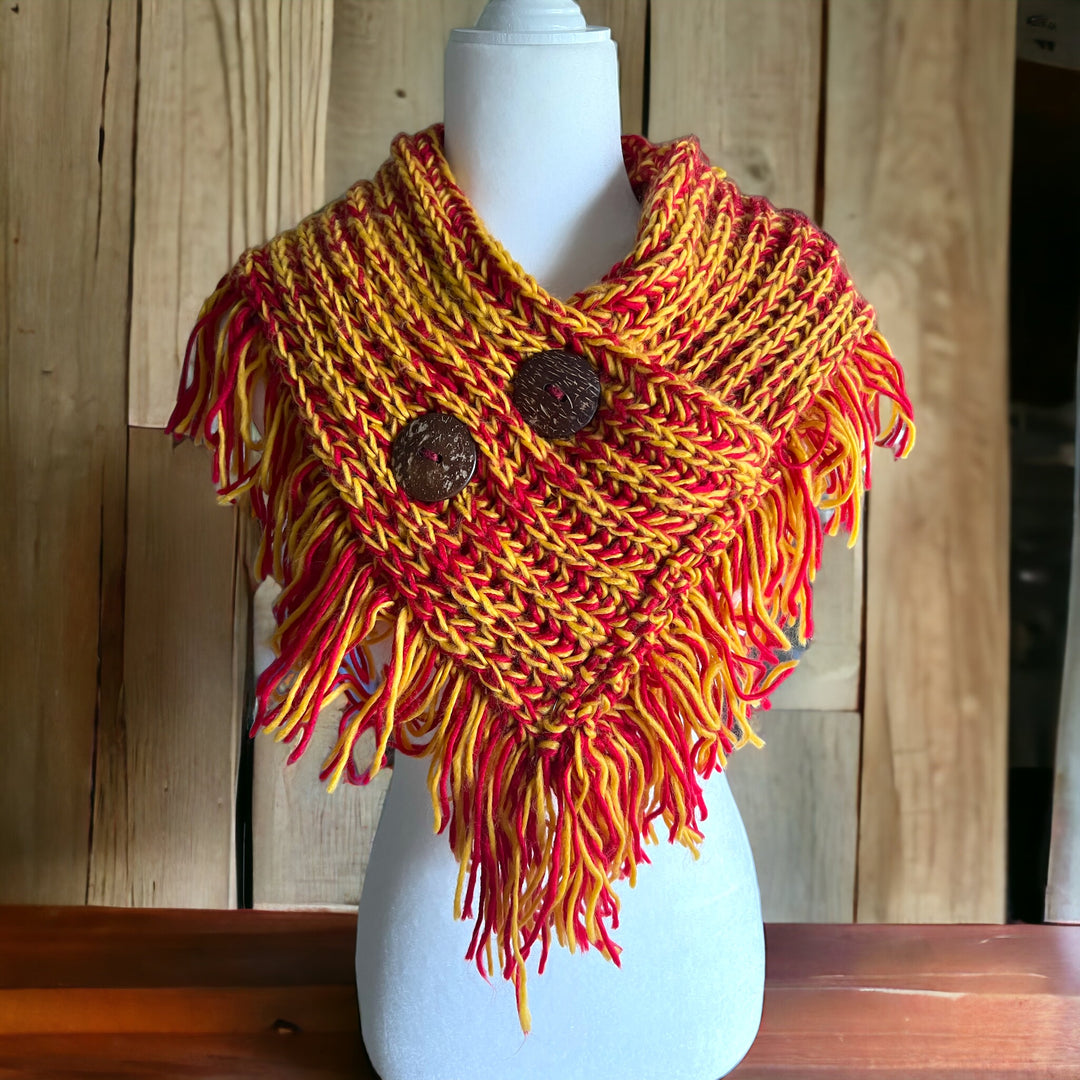 Red and Mustard YellowLoose Knit Fringed Sweater Topper