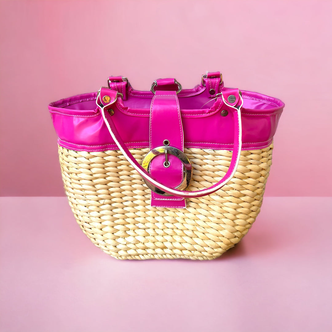 Adorable Corn Husk Woven Hand Bag Barbie Pink Handle, Snap Closure