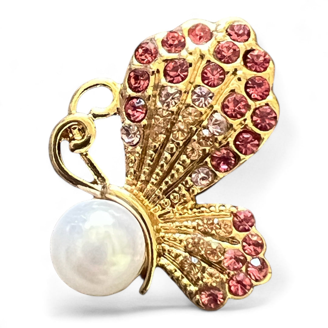 Gold Butterfly Snap Jewelry Charm with Pink Rhinestones and Pearl