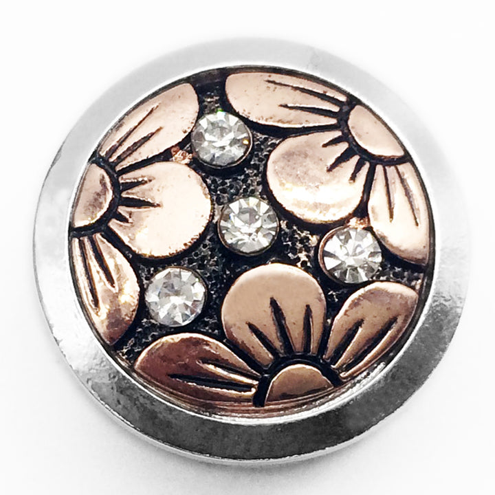 20MM Rose Gold Plated Flowers with Black Enamel and Clear Rhinestone Snap Jewelry Charm