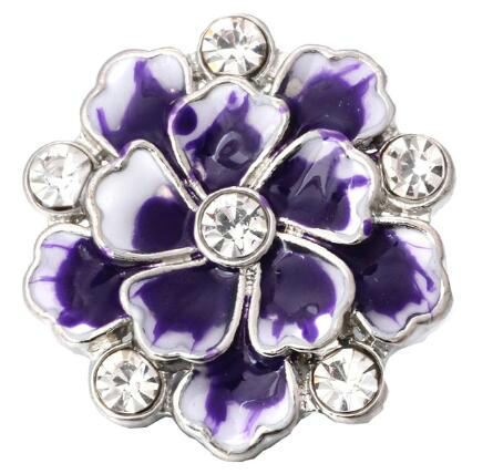 Purple & White Pansy Enamel with Clear Rhinestones Metal 20MM Snap for Interchangeable Jewelry and Accessories