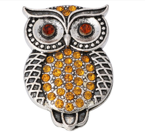 Boho Owl Silver Plated with Rhinestone Accents Snap Jewelry Charm 20MM