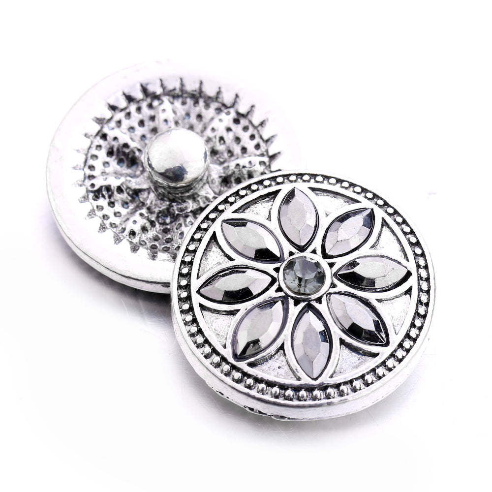 Silver Metal Flower 20MM Snap with Smoky Gray Hematite Rhinestones for Interchangeable Jewelry and Accessories