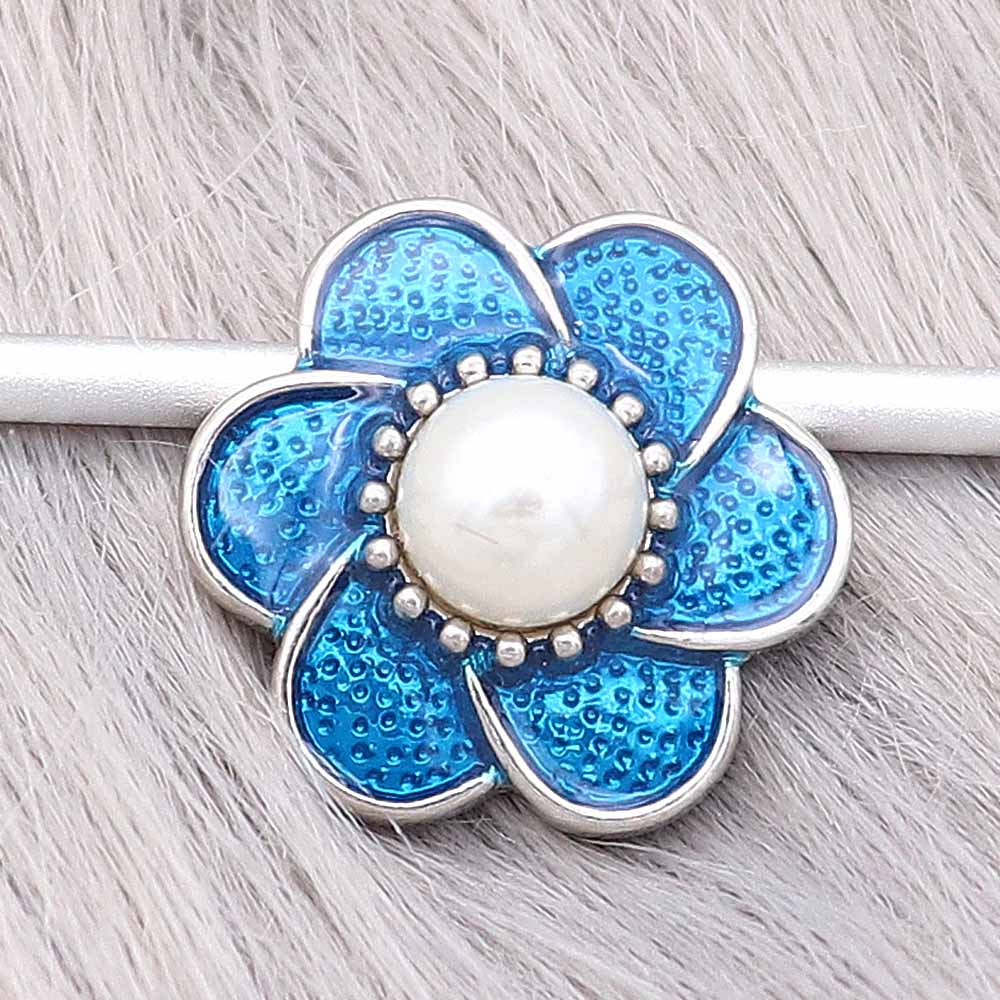 Silver Plated Blue Enamel Pearl Flower Snap Jewelry Charm 20MM