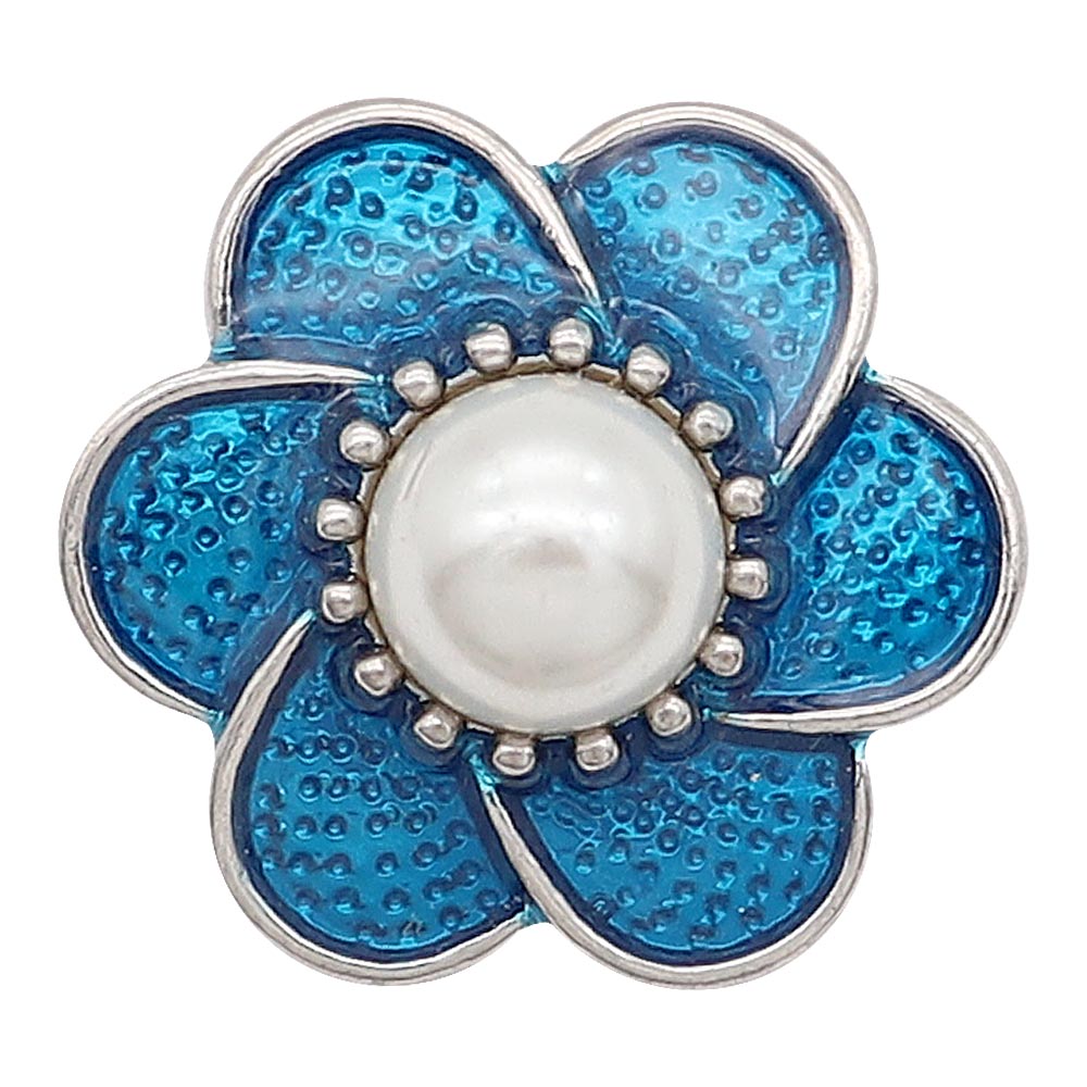 Silver Plated Blue Enamel Pearl Flower Snap Jewelry Charm 20MM