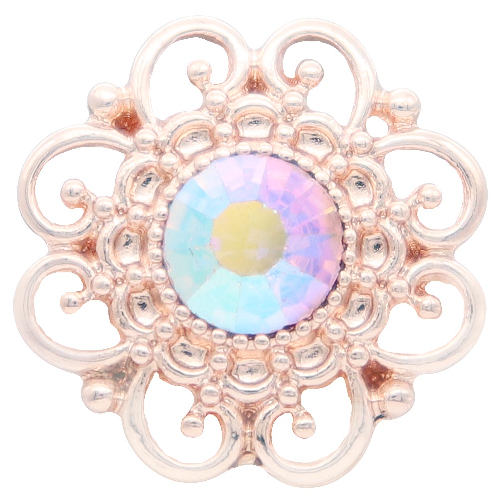 Rose Gold Plated Scrolled Snap Jewelry Charm with Iridescent Rhinestone 20MM