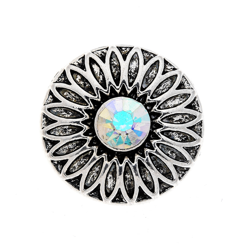 Silver Tone Flower with Aurora Borealis Rhinestone Snap Jewelry Charm 20MM