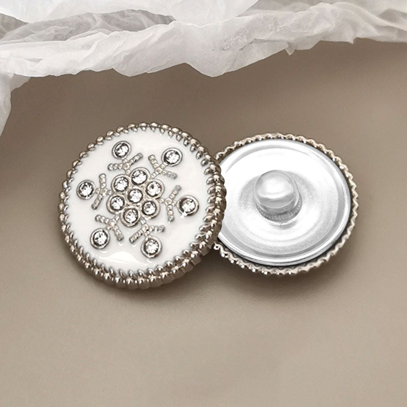 Snowflake Snap Jewelry Charm 20MM White Enamel, Silver Plated w/ Clear Rhinestones