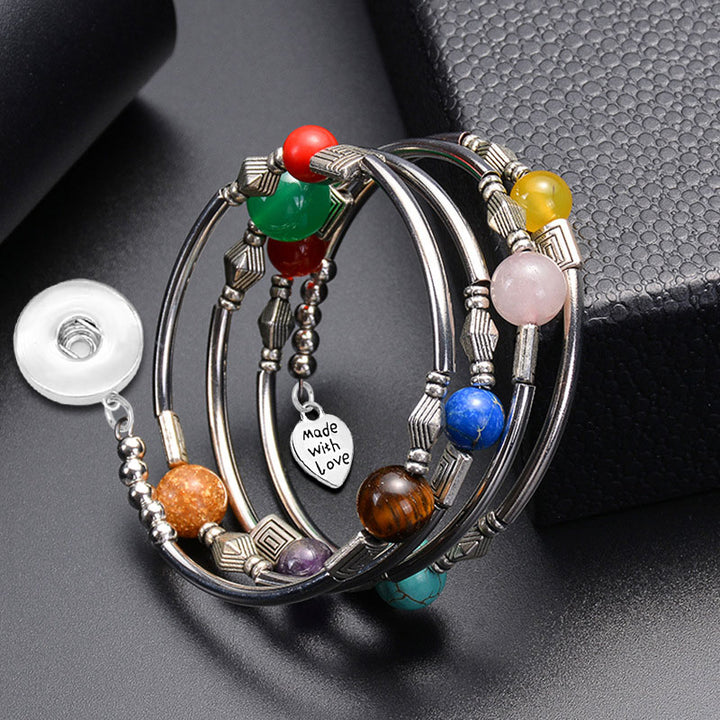 Spiral Memory Wire Chakra Rainbow Gemstone Bracelet with Snap Charm fits 18/20MM Snaps