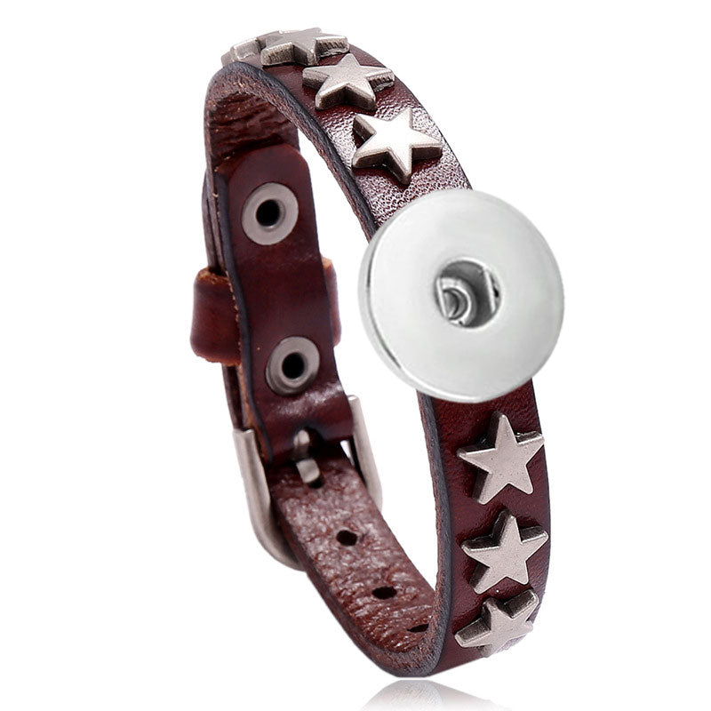 Star Studded Brown Leather Snap Jewelry Charm Bracelet with Watch Clasp