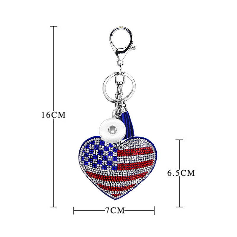 Patriotic rhinestone encrusted American Flag Heart Shaped Keyring with Snap Charm for 18/20MM Snaps
