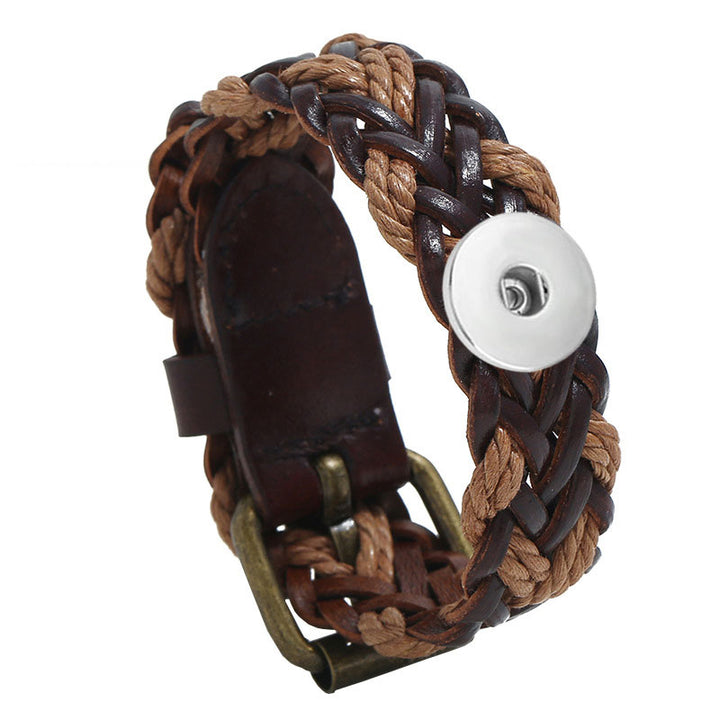 Brown and Tan Leather Braided Snap Bracelet w/Buckle Clasp