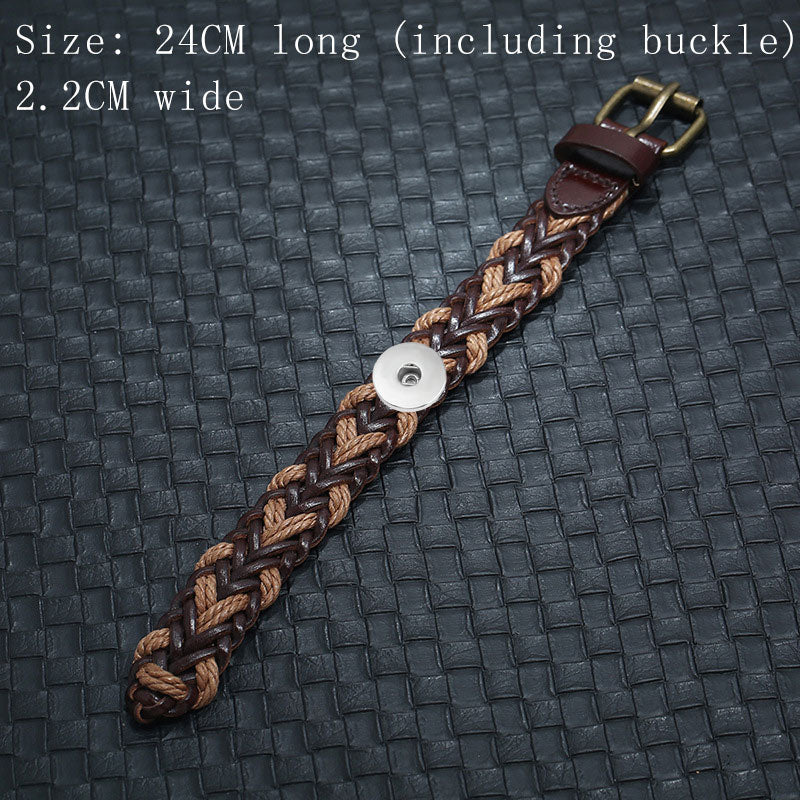 Brown and Tan Leather Braided Snap Bracelet w/Buckle Clasp