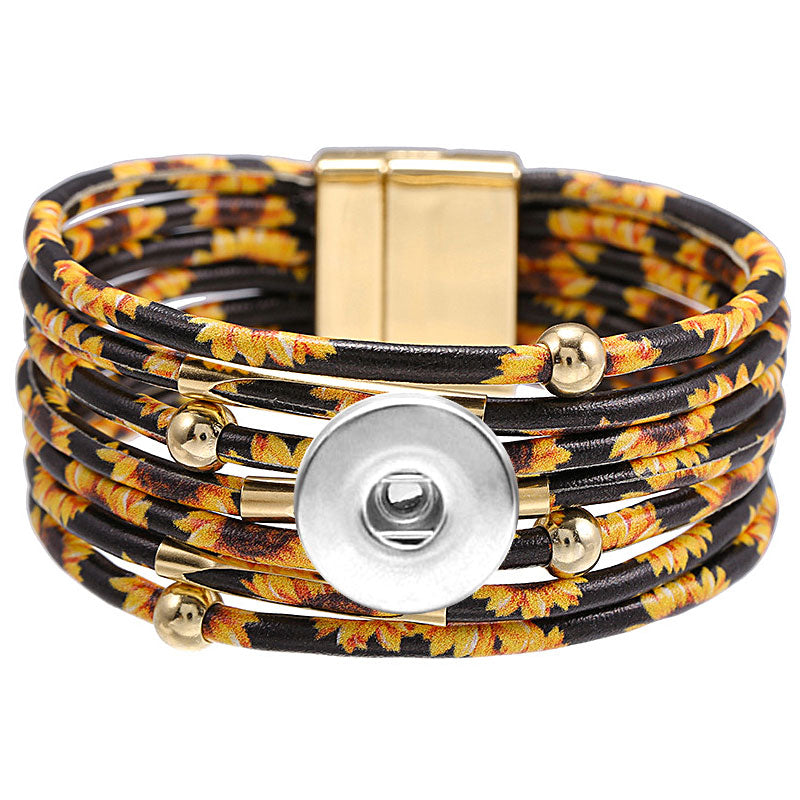 Multi Strand Leather Pattern Snap Jewelry Charm Bracelet with Gold Buckle